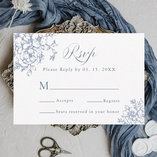 Classic Bloom Garden Dusty Blue Wedding RSVP Card