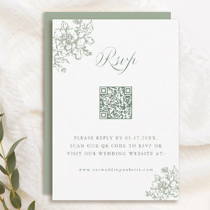 Classic Bloom Garden Sage Green Wedding QR Code RSVP Card