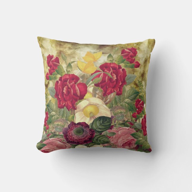 Classic Blooming Roses Red, Yellow, Burgandy Throw Pillow (Front)