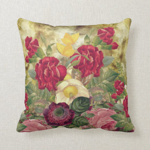 Classic Blooming Roses Red, Yellow, Burgandy Throw Pillow