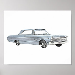Classic Blue 1965 Plymouth Fury Pencil Drawing Poster
