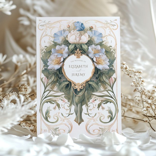 Classic Blue and Cream Art Nouveau Wedding Invitation (Creator Uploaded)