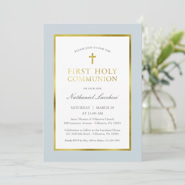 Classic Blue and Gold Communion Invitation (Standing Front)