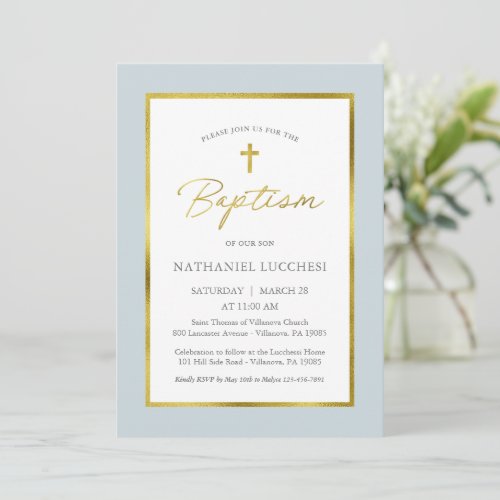 Classic Blue and Gold Script Baptism Invitation