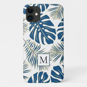 Classic blue and gold tropical leaves and monogram iPhone 11 case