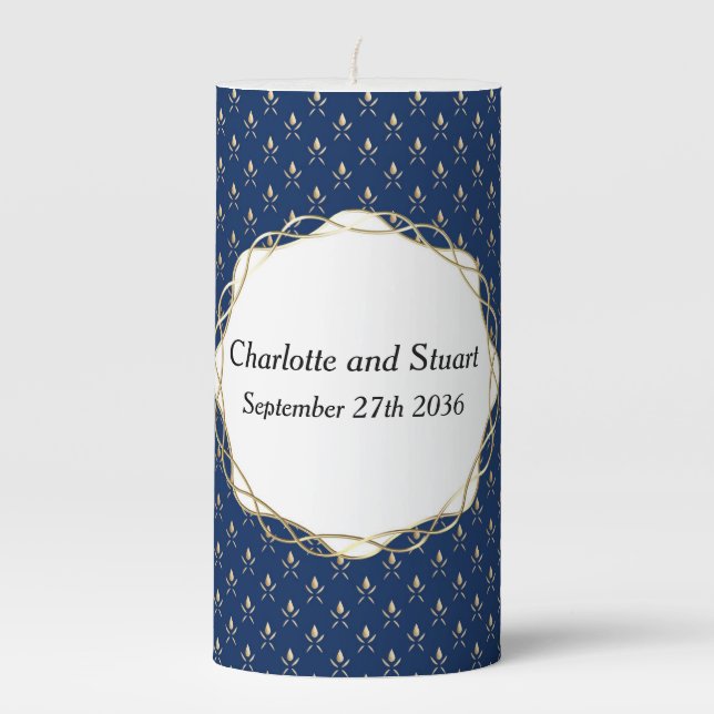 Classic Blue and Gold Wedding  Pillar Candle (Front)
