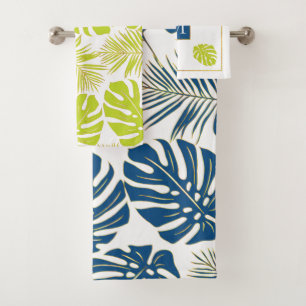 Classic blue and lime tropical leaves and monogram bath towel set