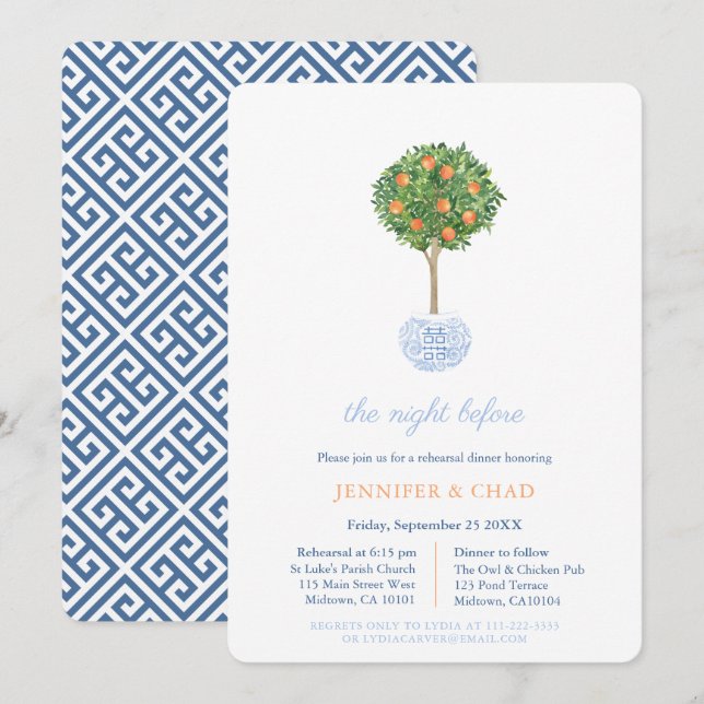 Classic Blue and Orange Wedding Rehearsal Dinner Invitation (Front/Back)