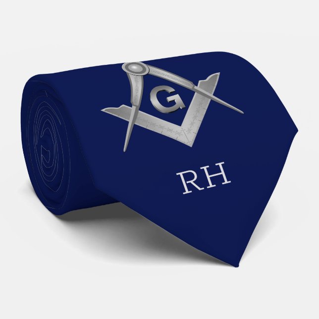Classic Blue and Silver Masonic Monogrammed Neck Tie (Rolled)