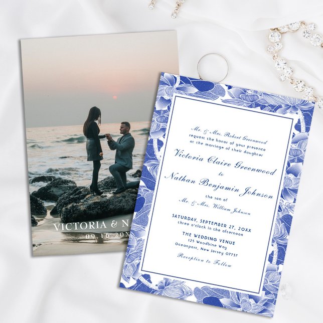 Classic Blue and White Chinoiserie Photo Wedding  Invitation (Creator Uploaded)