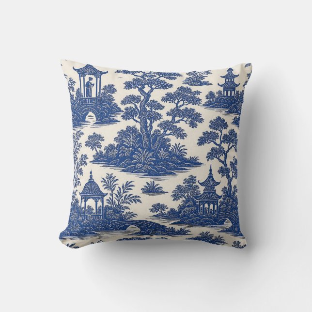 Classic Blue and White Chinoiserie Toile Pattern Throw Pillow (Front)