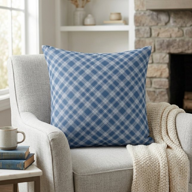 Classic Blue and White Diagonal Check Plaid Throw Pillow (Classic Blue and White Diagonal Check Plaid Throw Pillow)