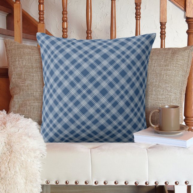 Classic Blue and White Diagonal Check Plaid Throw Pillow (Classic Blue and White Diagonal Check Plaid Throw Pillow)