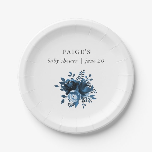 Classic Blue and White Floral Baby Shower Paper Plates (Front)