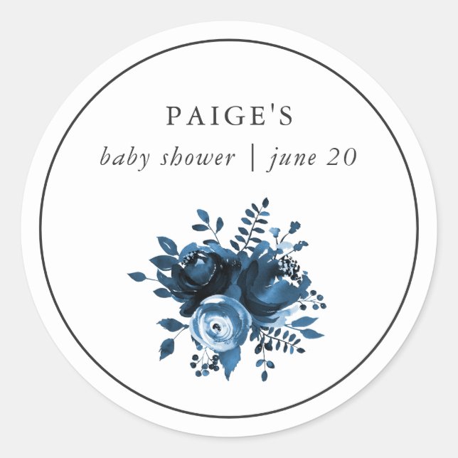 Classic Blue and White Floral Baby Shower Sticker (Front)