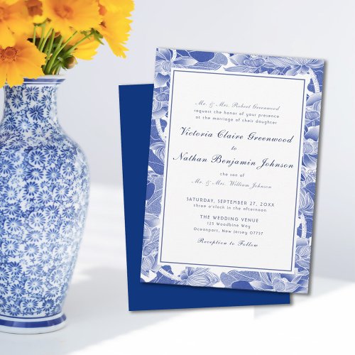 Classic Blue and White Floral Chinoiserie Wedding Invitation