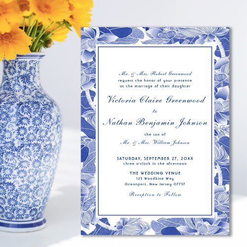 Classic Blue and White Floral Chinoiserie Wedding Magnetic Invitation