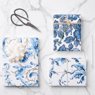 Classic Blue and White Florals Wrapping Paper Sheets