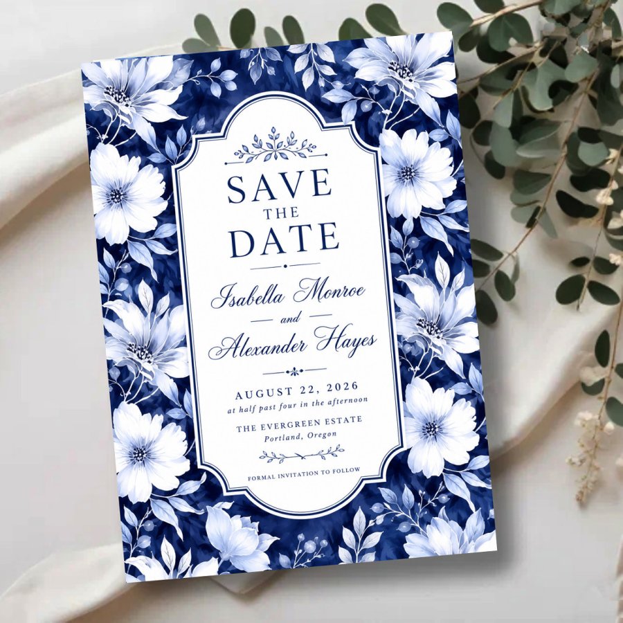 Classic Blue and White Flotal Botanical Save The Date