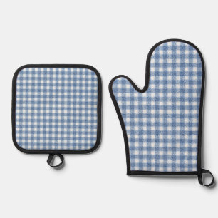 Classic Blue and White Gingham Check Oven Mitt & Pot Holder Set