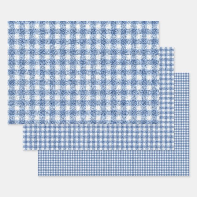 Classic Blue and White Gingham Check  Wrapping Paper Sheets (Set)