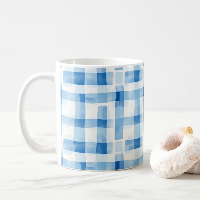Classic Blue and White Gingham Checkered Pattern Coffee Mug (With Donut)