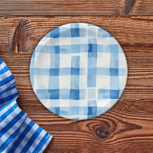 Classic Blue and White Gingham Checkered Pattern Paper Plates