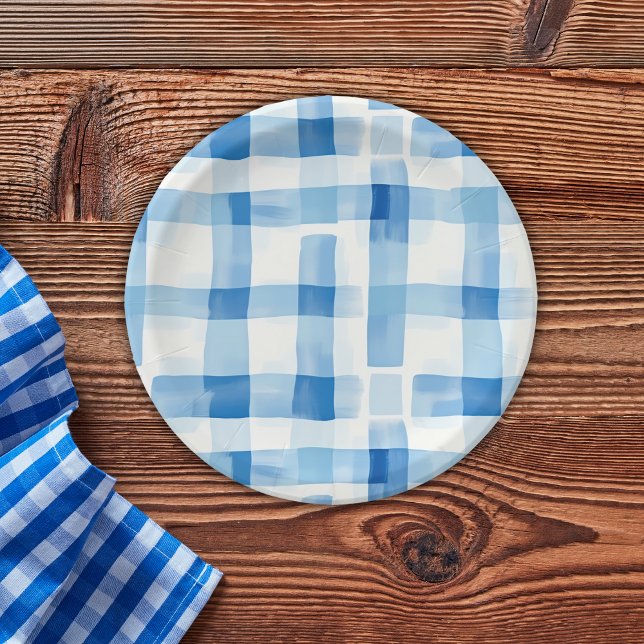 Classic Blue and White Gingham Checkered Pattern Paper Plates (Creator Uploaded)