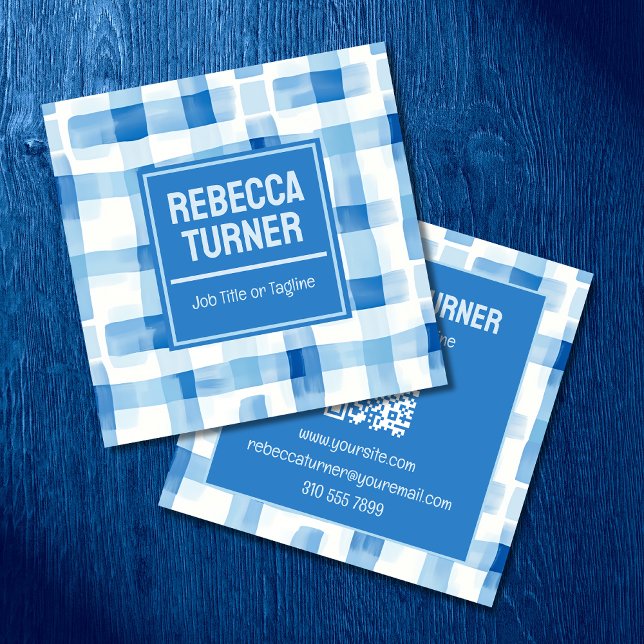 Classic Blue and White Gingham Checkered , QR Code Square Business Card (Creator Uploaded)