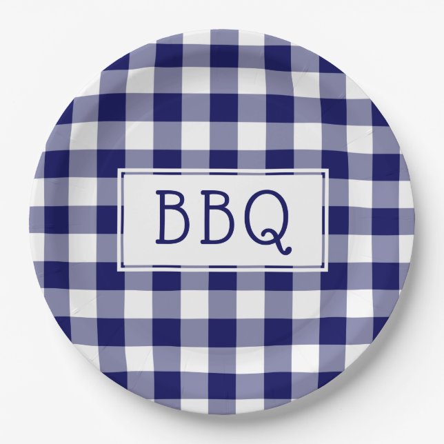 Classic Blue and White Gingham Pattern BBQ Party Paper Plates (Front)