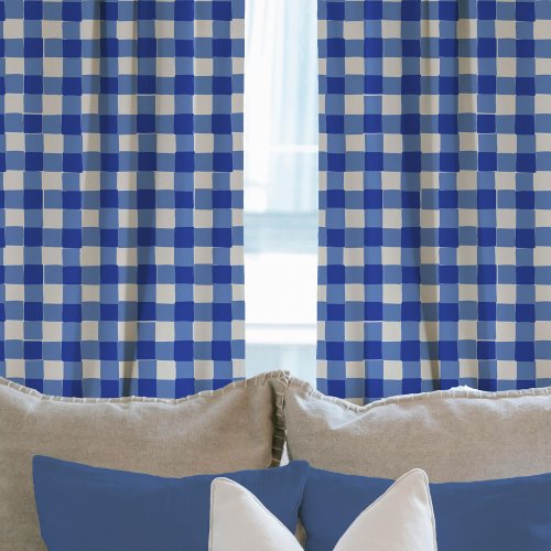 Classic Blue and White Hand_Drawn Checkered Plaid  Sheer Curtains