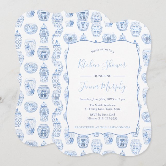 Classic Blue And White Kitchen Bridal Shower Party Invitation (Front/Back)