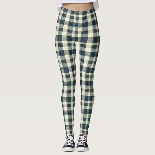 Classic Blue and White Plaid Leggings (Front)