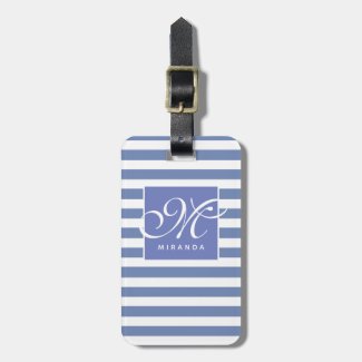 Classic Blue and White Striped - Script Monogram Luggage Tag