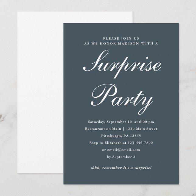 Classic Blue and White Surprise Party Invitation (Front/Back)