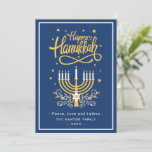 Classic Blue and Yellow Menorah Happy Hanukkah Holiday Card<br><div class="desc">Send your Wishes with this Holiday Card that feature a Stunning Happy Hanukkah Script and Menorah Candles to highlight your greeting message.</div>