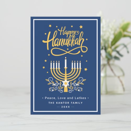 Classic Blue and Yellow Menorah Happy Hanukkah Holiday Card