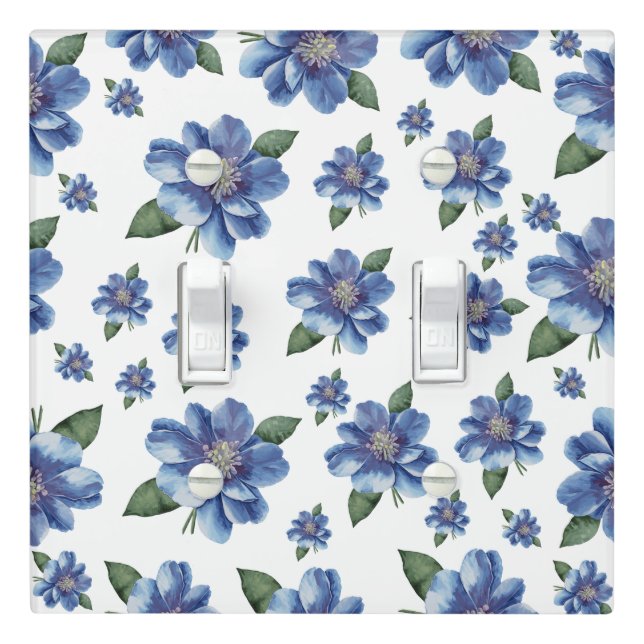 Classic Blue Anemone Floral Pattern Light Switch Cover (In Situ)