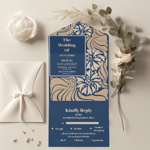 Classic Blue Art Nouveau Wedding All In One Invitation