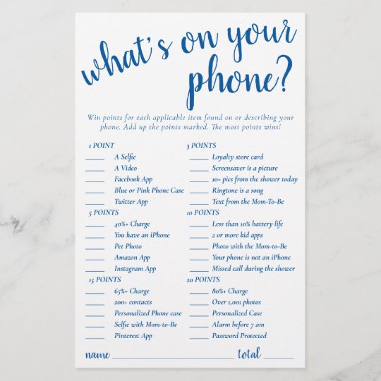 Classic Blue Baby Shower Whats on Your Phone Game | Zazzle.com