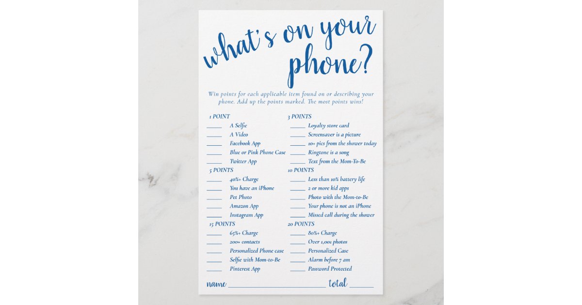Classic Blue Baby Shower Whats on Your Phone Game | Zazzle.com