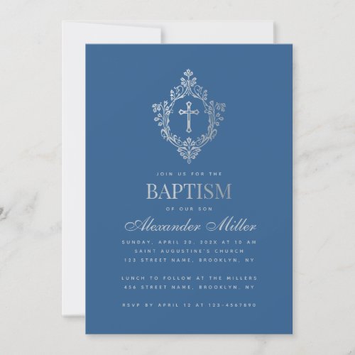 Classic Blue Baptism Boy Vintage Faux Silver Crest Invitation