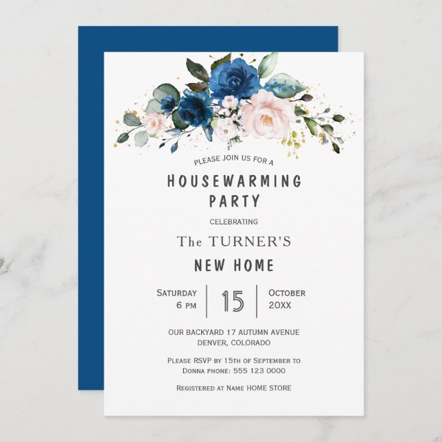 Classic Blue Blush Blue Floral Housewarming Party Invitation (Front/Back)