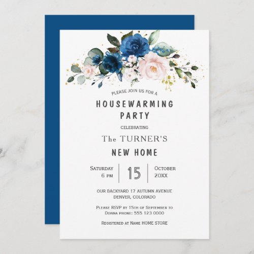 Classic Blue Blush Blue Floral Housewarming Party Invitation