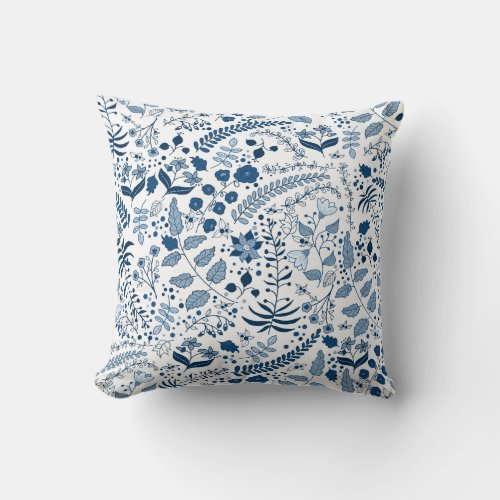 Classic Blue Boho Floral  Cheries Art Original Throw Pillow