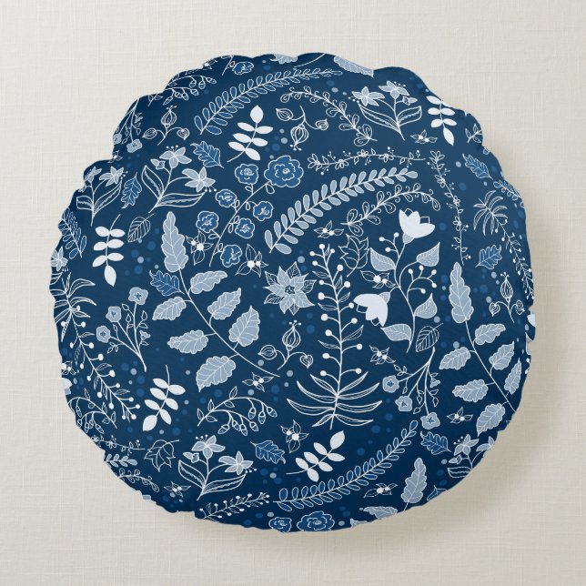 Classic Blue Boho Flowers Beautiful Round Pillow (Front)