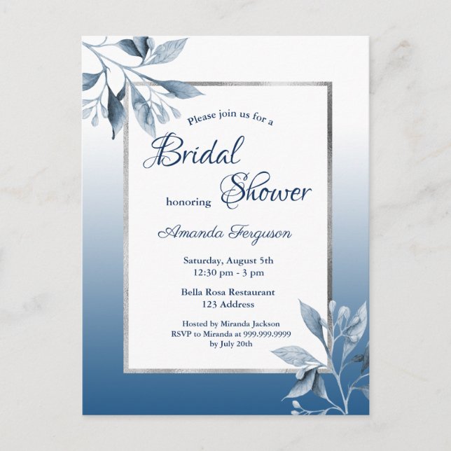 Classic blue botanical bridal shower invitation postcard (Front)
