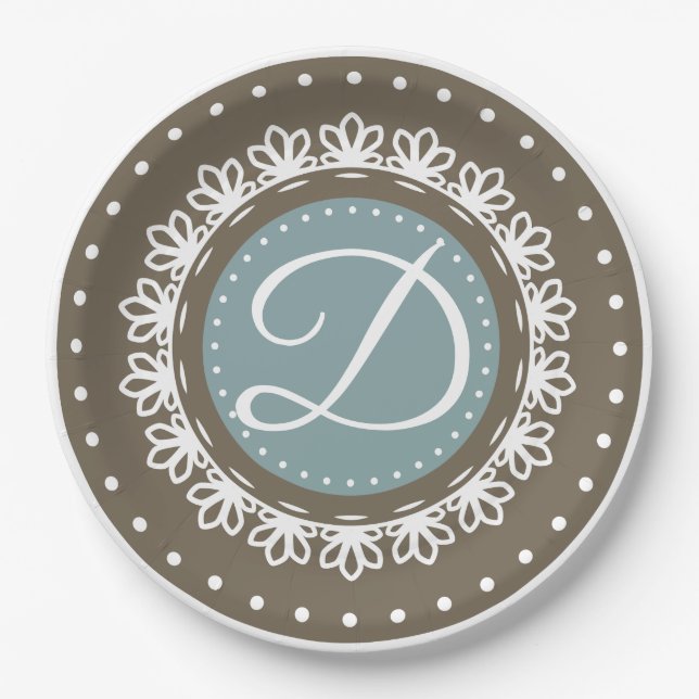 Classic blue brown monogram birthday party paper plates (Front)