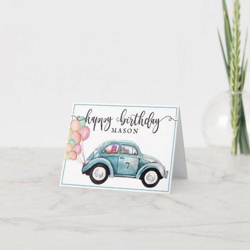 Classic Blue Bug Car w Balloons  Blank Birthday Card