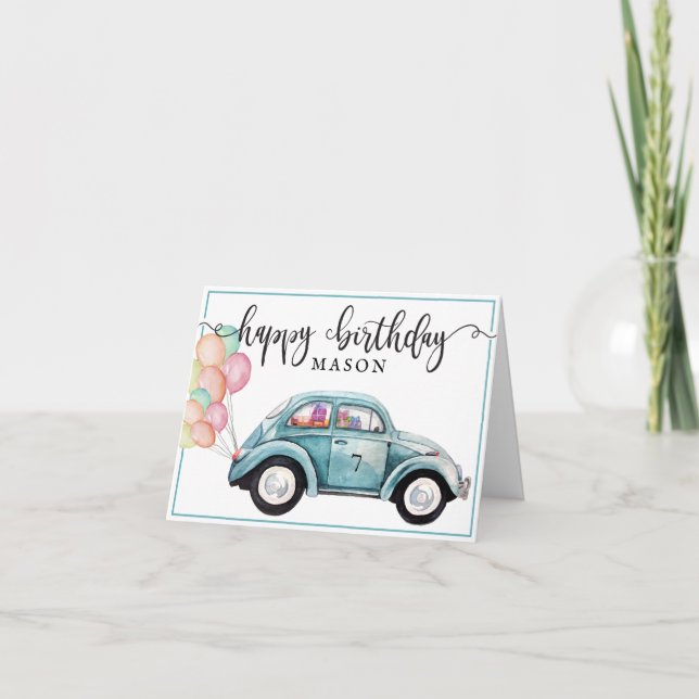 Classic Blue Bug Car w/ Balloons | Blank Birthday Card (Front)
